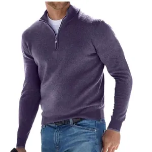 Classic men's purple quarter-zip wool sweater for casual autumn wear style