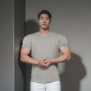 Athletic men's high-elastic training t-shirt in beige grey highlighting a muscular build.