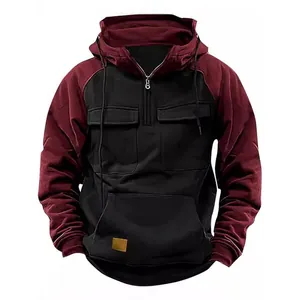 High-quality detail of a vintage men's color-block hooded sweatshirt with chest pockets