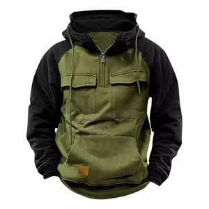Close-up detail of men's American retro army green half-zip hoodie with utility cargo pockets