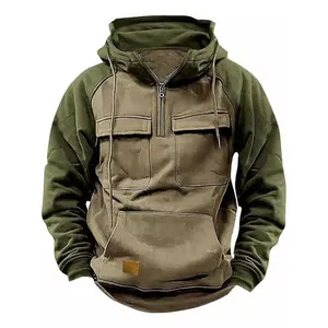 Detailed view of olive green vintage half-zip men's hoodie with utility pockets