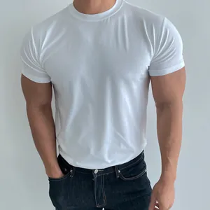 Detail of men's white slim-fit training T-shirt showing muscle-fit and premium fabric texture
