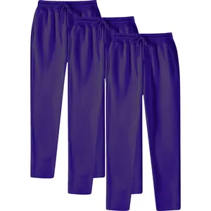 Front view of three pairs of purple men's straight-leg sweatpants with drawstring