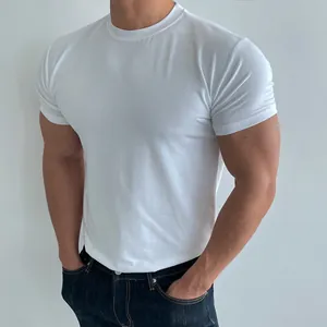 Detail of white men's muscle fit training T-shirt showing fabric texture and fit