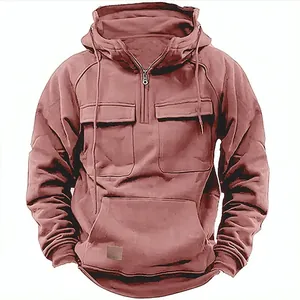 Front view of men's American vintage oversized hoodie with zipper pockets in dusty rose.