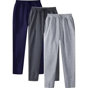 Pack of three men's straight-leg fleece sweatpants in navy blue, charcoal, and grey