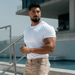 Muscular fit white short sleeve gym t-shirt for men outdoors