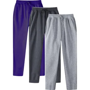 Detail view of men's fleece casual sweatpants in purple, dark grey, and light grey colors