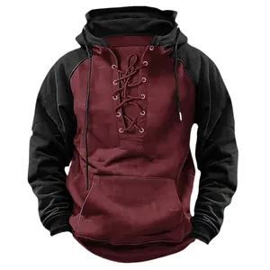 Vintage men's burgundy and black hoodie with a unique lace-up neck detail and hood