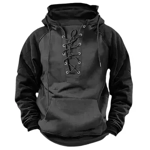 Front detail view of a men's black lace-up hooded sweatshirt in retro American style