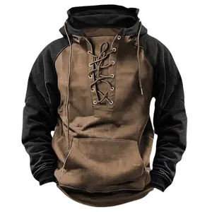 Close-up of retro American men's hoodie featuring lace-up front and kangaroo pocket