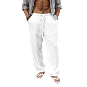 Men's breathable white cotton linen trousers with loose fit and drawstring waist