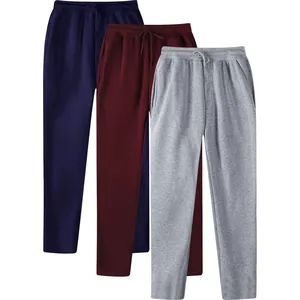Detail view of men's solid color fleece-lined straight leg sweatpants in three colors