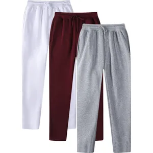 Detailed product display of men's fleece-lined casual sweatpants in white, burgundy, and grey