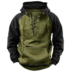 Vintage men's hoodie featuring a unique lace-up front and olive green color-blocking design.