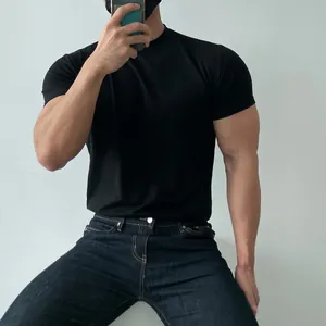 Detailed view of a black slim-fit muscle T-shirt designed for men's gym training sessions