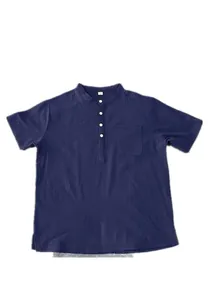 Camicia da uomo blu navy in cotone e lino con colletto alla coreana e tasca sul petto