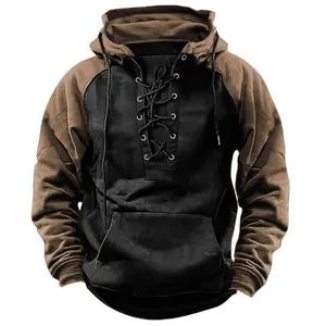 Detail view of a vintage American style men's lace-up two-tone hooded sweatshirt
