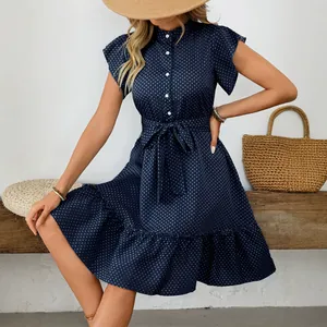 Women's Vacation Polka Dot Dress Ruffle Short Sleeve Button Front Tie Waist A-Line Midi Dress Elegant Summer Fashion Outfits Top And Bottom
