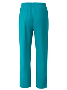 Detail view showing the back of teal textured straight-leg casual pants with elastic waist