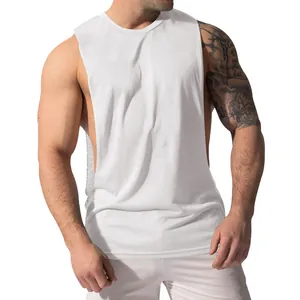 Close-up of men's white quick-dry gym tank top with deep side cut and loose fit