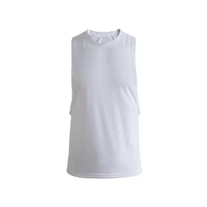 Front detail view of a white quick-dry sports tank top with wide shoulder straps for men