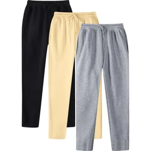 High-quality set of three men's casual solid color sweatpants in black, khaki, and grey.