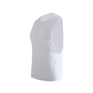 Detail view showing side of white quick-dry sports tank top with wide armholes and loose fit.