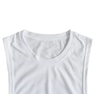 Close-up detail of a white quick-dry sleeveless sports vest for men showing neckline stitching