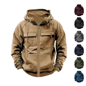 Men's American Retro Fleece Hooded Sweatshirt Solid Color Loose Zip Up Jacket Winter Warm Casual Hoodies For Men Outwear