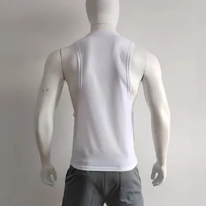Back view of men's white quick-dry sports tank top with wide shoulders on mannequin.