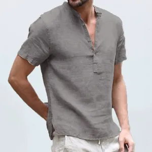 Camicia Henley da Uomo in Cotone Lino Manica Corta Collo alla Coreana Abbottonata Casual Estiva Tinta Unita Traspirante Comoda