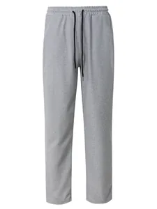 Front full view of grey casual straight-leg pants with adjustable black drawstring