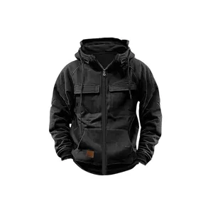 Vintage black men's hooded zip-up sweatshirt with warm fleece lining and pockets