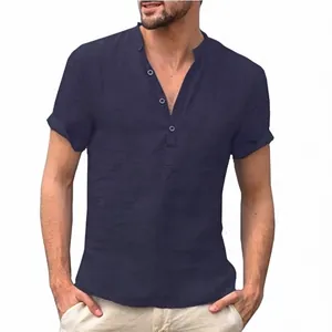 Camicia uomo a maniche corte in cotone e lino blu navy con colletto alla coreana e bottoni
