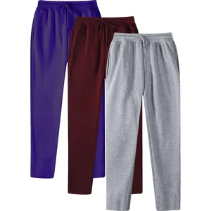 Men's solid color fleece sweatpants in purple, burgundy, and grey, straight leg style.