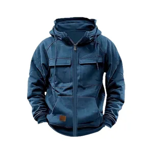 Men's vintage dark blue zip-up hoodie jacket with chest pockets and oversized fit