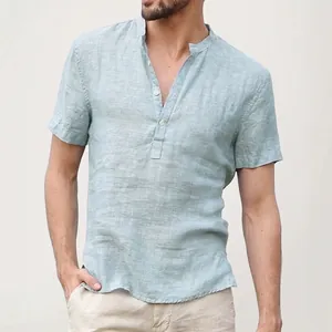 Camicia da uomo a maniche corte in cotone lino verde menta con collo alla coreana e bottoni