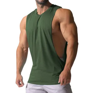 Athletic men's army green muscle tank top featuring wide shoulders and side cutouts