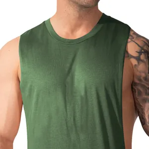 Close-up detail of dark green quick-dry sports tank top for men with broad shoulders.