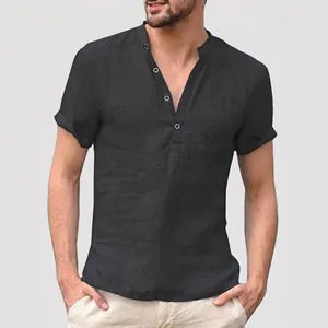 Camicia casual da uomo in cotone e lino nero a maniche corte con colletto alla coreana moda