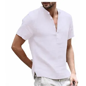 Camicia casual da uomo in cotone e lino bianco a maniche corte con colletto alla coreana