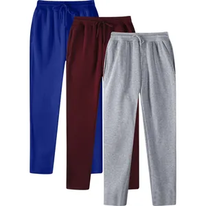 Men's minimalist straight-leg fleece-lined sweatpants in blue, burgundy, and grey