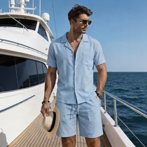 Premium light blue men's linen short sleeve shirt and matching shorts set for summer beach vacation