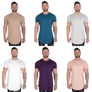 Men's athletic short-sleeve cotton T-shirts in six distinct colors with curved hems.