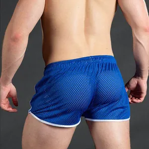 Back view of blue mesh quick-dry fitness shorts for men showing breathable texture