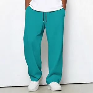 Men's Casual Waffle Knit Straight Leg Pants Solid Color Drawstring Loose Sports Trousers For Men Everyday Comfortable Bottom