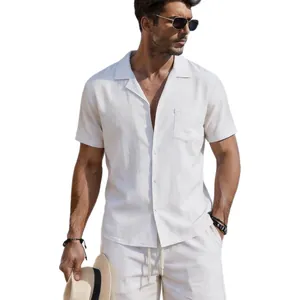 Men's casual off-white linen short sleeve shirt and matching drawstring shorts summer set