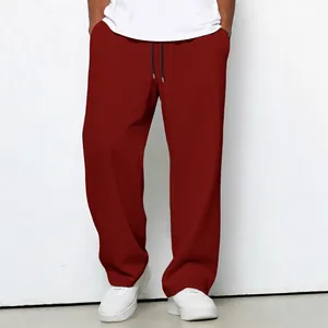 Men's loose straight-leg waffle knit casual sports drawstring pants in burgundy red