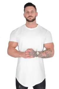Detailed front view of white slim-fit crew neck cotton T-shirt for men on a model